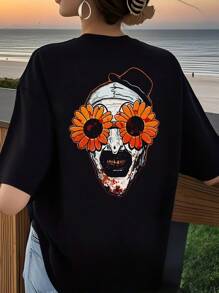 Camiseta con estampado de calavera y girasol para mujer, algodón de 220 g, cuello redondo y estampado en la espalda (1 unidad)