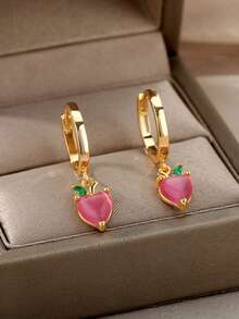 Cute Pink Cubic Zirconia Cherry Shaped Gold Earrings, 18K Gold Plated Silver Anti-Fade Earrings, Suitable For Weddings, Parties, Vacations And Other Occasions, Also Can Be Given As A Commemorative Gift To Best Friends For Daily Wear. - Stainless Steel - View 13