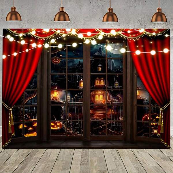 1 Halloween Red Horror Night Window Scene Background Decoration, Cemetery Horror Castle Cemetery Pumpkin Lantern Halloween Party Decoration Background Photo Booth Photography Studio Props, Multiple Sizes, Suitable For Halloween Party Photography Banner Props, Polyester Fiber, No Power Required