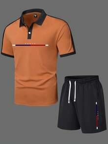 2 件夏季新款男士短袖 Polo 衫彩色丝带字母印花松紧腰抽绳短裤休闲运动旅行度假健身跑步套装 - 彩色 - 查看 2