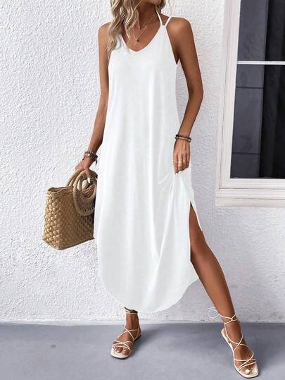 EARO Elegant European & American Style Casual Sleeveless Maxi Dress, Simple Solid Color Knit Tie-Waist Fitted Slim Dress, Comfortable For Daily Wear, Spring/Autumn White Summer