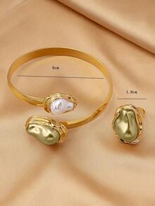 2 件套波西米亚风格红色不对称人造珍珠可调节戒指和手镯，优雅的女士节日派对配饰