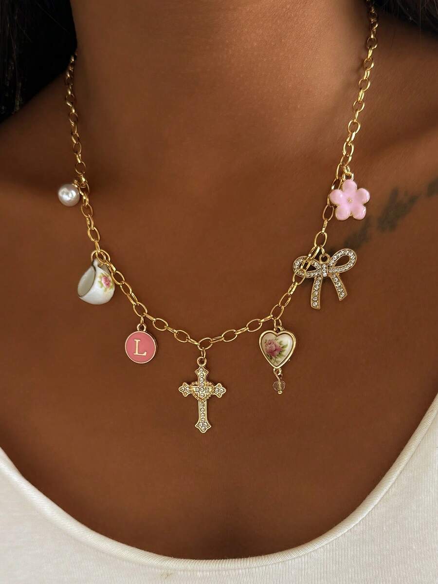 Multi-Element Necklace For Women - Cross, Bow, Letter, Heart, Flower, Faux Pearl Pendant, Suitable For Everyday Wear, Vacation, Date, Party, Festive Gift - Yellow Gold - View 1
