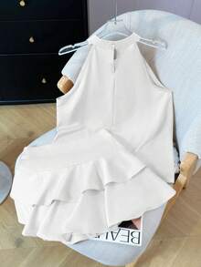 2 件套女士夏季套装露背无袖上衣和荷叶边下摆半身裙，优雅的两件套服装 - 白色兩件套 - 查看 7