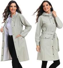 UNIQUEBELLA Rain Jackets For Women Waterproof, Raincoat Long Hooded Rain Coats Outdoor Windbreaker Trench Coat - 灰色 - 查看 2