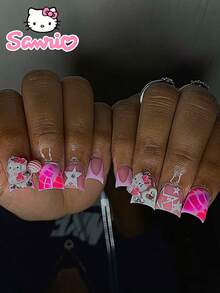 24 件鸭嘴美甲贴纸 - 粉色法式美甲、星星图案、Sanrio Hello Kitty、粉色棒棒糖、白色心形、银色铆钉美甲贴套装，含 1 支凝胶指甲油和 1 支卸妆棒 - 适用于女士、日常、派对