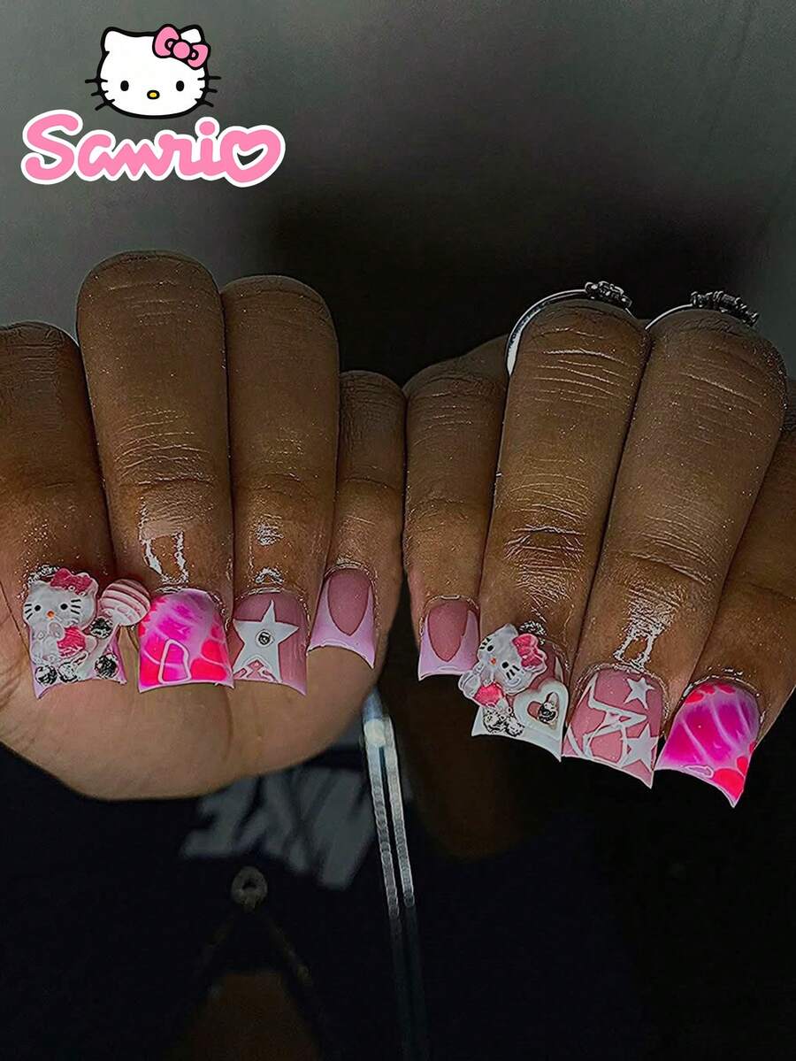 24 件鸭嘴美甲贴纸 - 粉色法式美甲、星星图案、Sanrio Hello Kitty、粉色棒棒糖、白色心形、银色铆钉美甲贴套装，含 1 支凝胶指甲油和 1 支卸妆棒 - 适用于女士、日常、派对