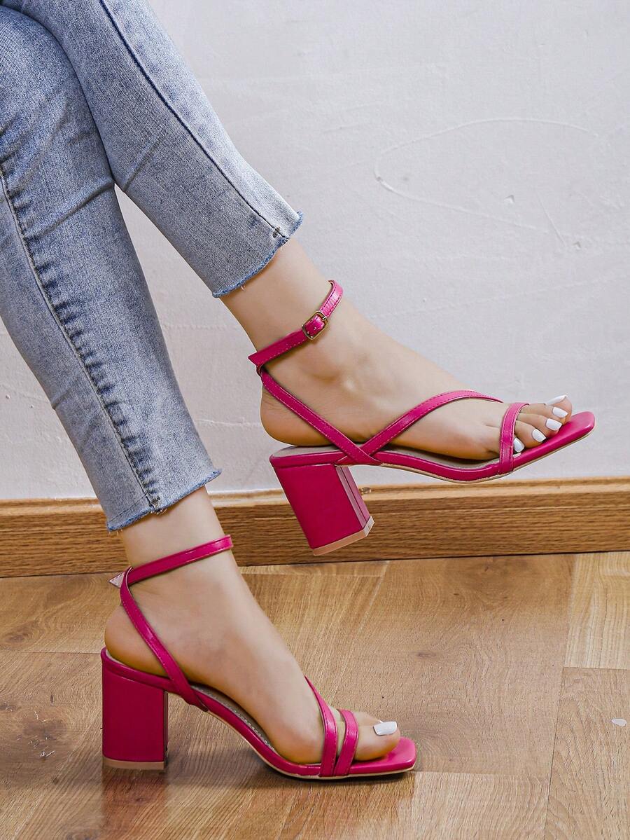 Women's Thick Heel Sandals With Adjustable Buckle Straps, Elegant Criss-Cross Peep Toe Fashion Sexy - FUCHSIA - View 1