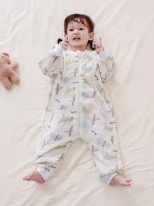 婴儿幼儿四季通用法兰绒分腿睡袋，蓬松柔软的恐龙印花长袖连体睡袋，适合0-3岁宝宝。