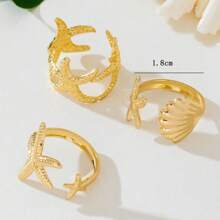 3pcs Metal Fashion Ocean Series Ring Set, Shell & Starfish, Adjustable, Women Summer Beach Jewelry