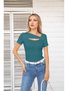 Womens Fashion Fall Cutout Long Sleeve Ribbed Slim Fitted Tops Shirts Tee Tshirts - Short-teal - View 6