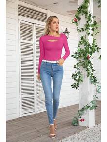 Womens Fashion Fall Cutout Long Sleeve Ribbed Slim Fitted Tops Shirts Tee Tshirts - Long-pink - View 6