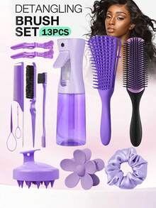 2013年1月5日 男女通用美发梳套装，包含：顺发梳、侧梳、后梳、带喷雾瓶的卷发梳、直发梳、头皮按摩梳、宽齿梳、发夹和造型梳套装 - 适合所有发质，满足旅行需求，返校季必备，旅行必备，女士美发配件，梳子，木质梳子，迷你梳子，顺发梳，卷发梳，美发工具，旅行必备，发型，护发，美发梳 - 彩色 - 查看 12