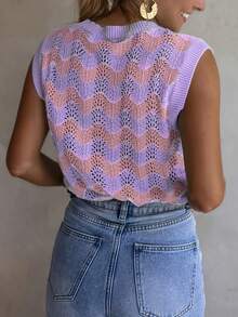 1件 撞色条纹针织网眼针织上衣，夏季 - 紫色 - 查看 5