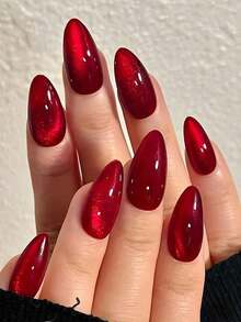 24片/套 Y2K 美学血红色水晶猫眼按压式美甲贴片，长款杏仁红色猫眼亚克力假指甲，包含1片果冻胶和1个指甲锉，适合女性和女孩日常佩戴，锐舞派对美甲用品 - 紅色 - 查看 1