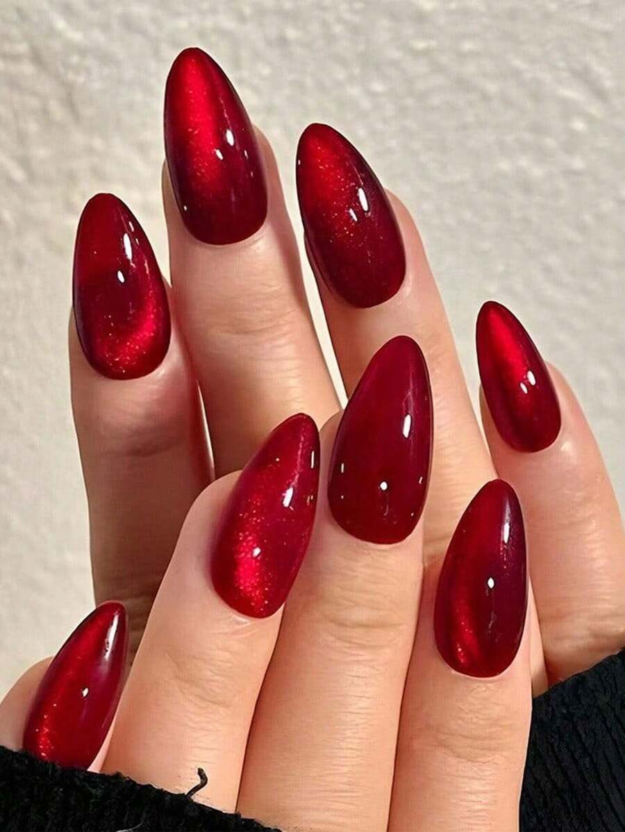 24片/套 Y2K 美学血红色水晶猫眼按压式美甲贴片，长款杏仁红色猫眼亚克力假指甲，包含1片果冻胶和1个指甲锉，适合女性和女孩日常佩戴，锐舞派对美甲用品 - 紅色 - 查看 1