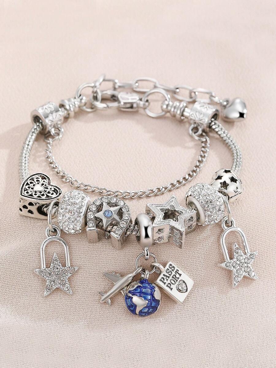 1pc Fashionable Beaded DIY Bracelet With Plane & Luggage Pendant, Suitable For Daily Wear And Gift To Friends