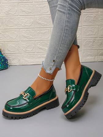 女士坡跟厚底一脚蹬鞋，纯色波西米亚风优雅复古金属链时尚百搭玛丽珍办公鞋