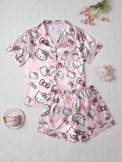 Sanrio Hello Kitty Silk Pajama Set, 97% Polyester 3% Elastane, Short Sleeve Button Front Lapel Bow Cartoon Cute Front Button Pocket Contrast Trim Sanrio