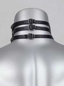 PU皮革男士背带颈手铐同志服装项圈节日狂欢服饰配饰哥特朋克手链（有轻微气味，通风一段时间后会消散） - 黑色 - 查看 4