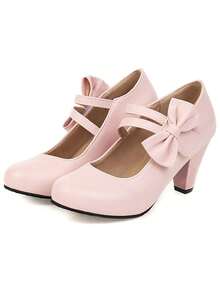 Mary Jane Heels For Women Chunky Heel Ankle Strap Pumps Elegant Round Toe Cute Dressy Shoes With Bow For Ladies And Girls Daily Life  - 粉色 - 查看 3