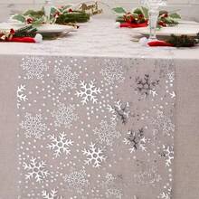 1pc,Silver And Gold Christmas Snowflake Tablecloth, Polyester Rectangular Tablecloth Roll, Festive Table Decoration, Seasonal Winter Decoration, Christmas Tablecloth Winter Holiday Decoration, Table Decoration Suitable For Christmas, Graduation Parties, Romantic Candlelight Dinners, Holiday Tea Parties, Anniversaries, Modern Home Decoration, Special Events