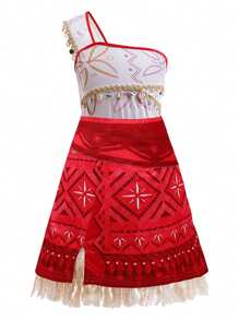 2pcs/Set Girls Red Sleeveless One-Shoulder Dress & Necklace Set, Children Princess Role-Play Stage Performance Halloween Costume