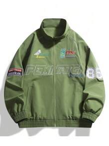 Men's Letter Embroidered Windproof Outdoor Cycling Racing Motorcycle Stand Collar Sports Jacket Fall Men Clothes