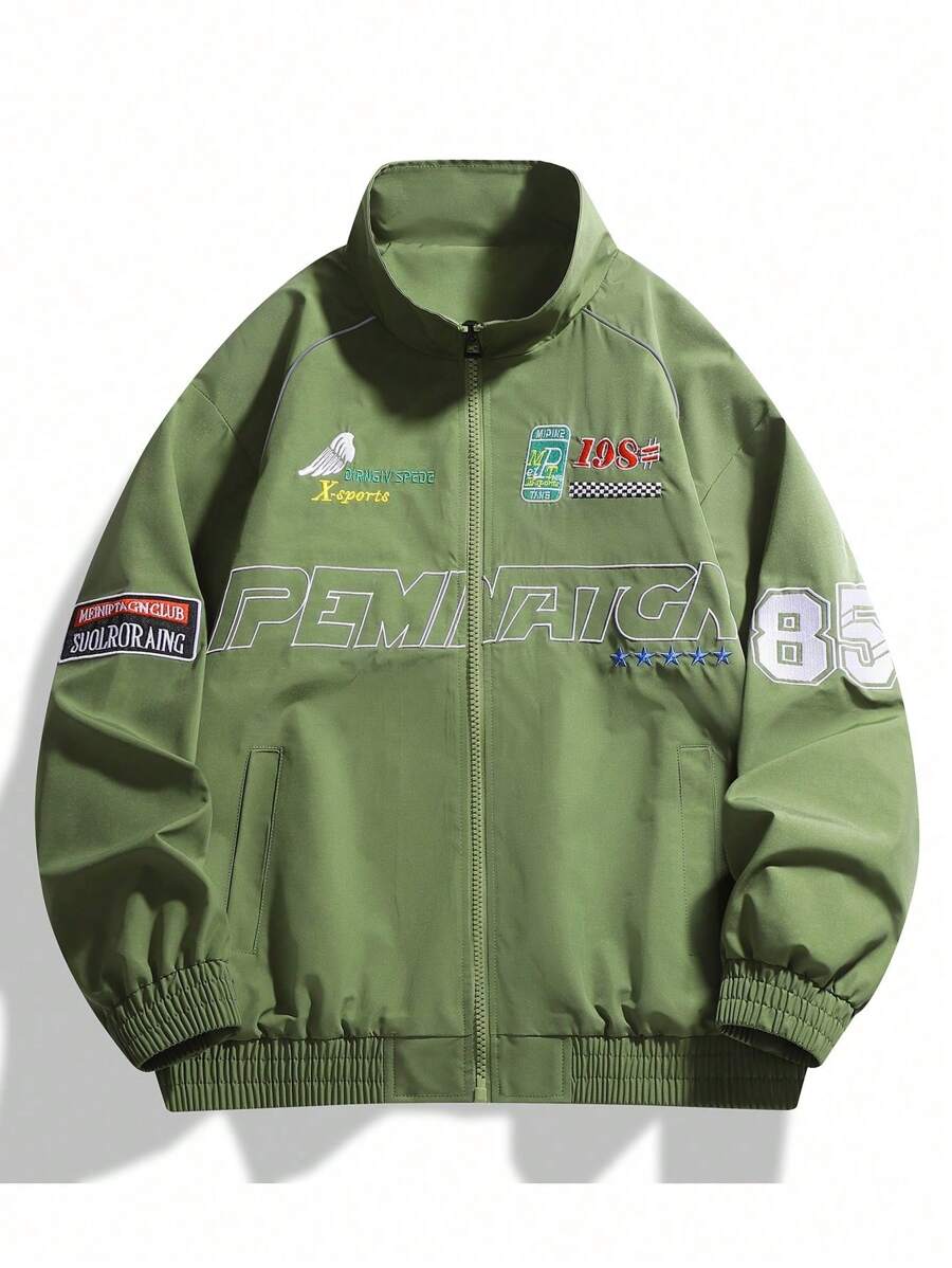 Men's Letter Embroidered Windproof Outdoor Cycling Racing Motorcycle Stand Collar Sports Jacket Fall Men Clothes