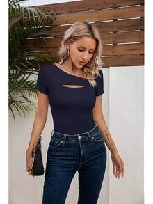 Womens Fashion Fall Cutout Long Sleeve Ribbed Slim Fitted Tops Shirts Tee Tshirts - 短版海軍藍 - 查看 8