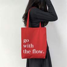 Pastel Pink Holiday Gift Tote Bag With Red Printed Text, Casual Large Capacity Shoulder Tote Canvas Bag, Suitable For Graduates, Teenagers, College Students, Vacation, Beach, Handbag - Red - View 6