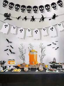 3pcs/Set Halloween Banner,Halloween Decor,Hanging Ghost Banner Witch Banner Skeleton BannerWhite Glitter Halloween Party Ghost Banner For Haunted Houses Doorways Indoor Outdoor Home Decor Haunted Mansion Halloween Ghost Decorations - Multicolor - View 5