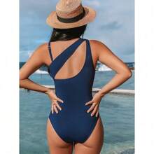 European And American New Popular Color Blocking Sexy Tight One-Piece Women'S Swimsuit Fashionable Backless Triangle Sports Swimsuit For Women - 藍色 - 查看 3