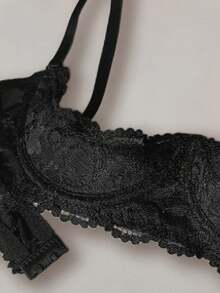 Sujetador sexy de media copa con borde de encaje negro, ropa interior ajustable y cómoda con tirantes para mujer - Negro - Ver 4