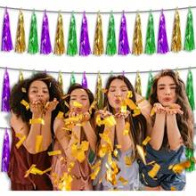 3P Metallic Fringe Tassel Banner Garland Foil Tinsel Streamer Wall Hanging Curtain Backdrop Banner For Parade Floats, Graduation Decorations, Father's Day Party Decoration(Silver)Halloween Christmas New Year - 金色 綠 紫 - 查看 6
