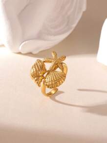 1 Stück übertriebener 18K Edelstahl Ring mit Meeresstern- und Muscheldesign, geeignet für Frauen als Urlaubsschmuck und täglichen Gebrauch