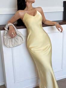 Seelio Summer New Arrival Women's Fashionable Sexy V-Neck Satin Slip Backless Midi Dress - Yellow - View 1