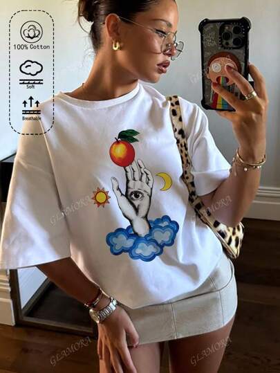T-shirt da donna in cotone a coste, stampa con motivo creativo in stile artistico, abbigliamento sportivo da donna in stile college per primavera ed estate, top a maniche corte da donna bianchi, morbidi e traspiranti.