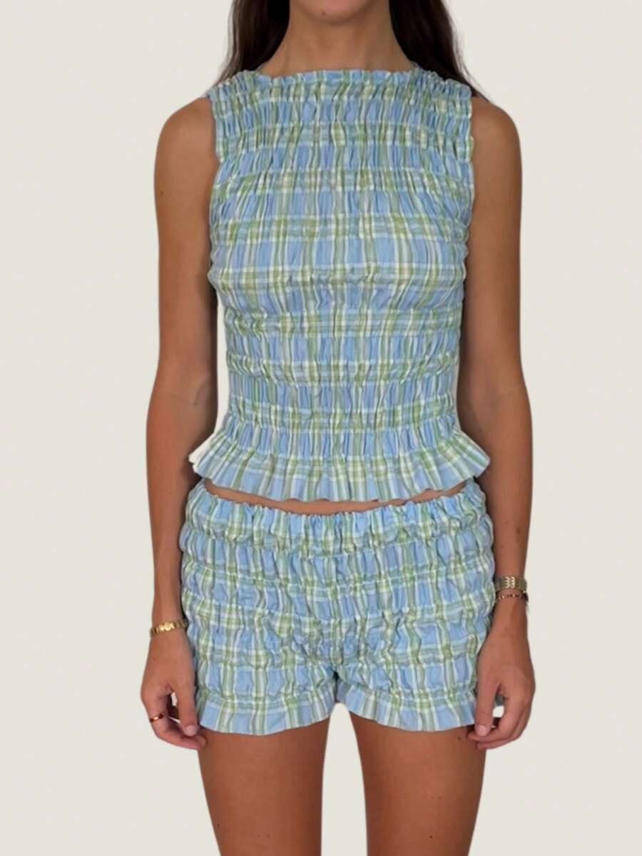 Women Y2k 2 Piece Smocked Loungwear Sleeveless Tiered Ruched Crop Tank Top Low Rise Ruffle Bloomer Shorts Matching Set Summer Fairycore Going Out Set - Màu xanh lam - Xem 1