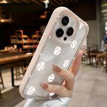 Funda para teléfono 1 unidad, fondo blanco, estampado de béisbol rosa, con purpurina, doble cara | Funda brillante para phone 11/12/13/14/15/16 - Blanco - Ver 7