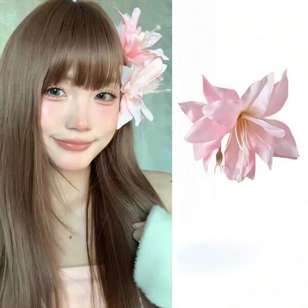 1 pieza Accesorio para el cabello con clip lateral con flor de lirio simulada de estilo de vacaciones de verano para niñas, pasador floral decorativo de estilo de vacaciones de playa para niñas, pasador lateral con flor de orquídea de mariposa simulada de vacaciones de verano para mujeres, accesorios de moda para el cabello, elegante clip para el cabello para mujeres