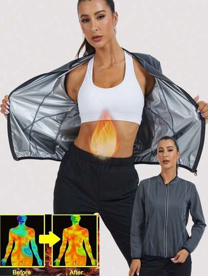 1PC Sauna Suit For Women Sauna Jacket With Zipper Pockages Long Sleeve Zipper Body Shaper Slimming Gym Workout Outdoor Sports