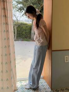 女式甜美蕾丝边 V 领宽松套头短袖衬衫，夏季百搭 - 粉色 - 查看 8