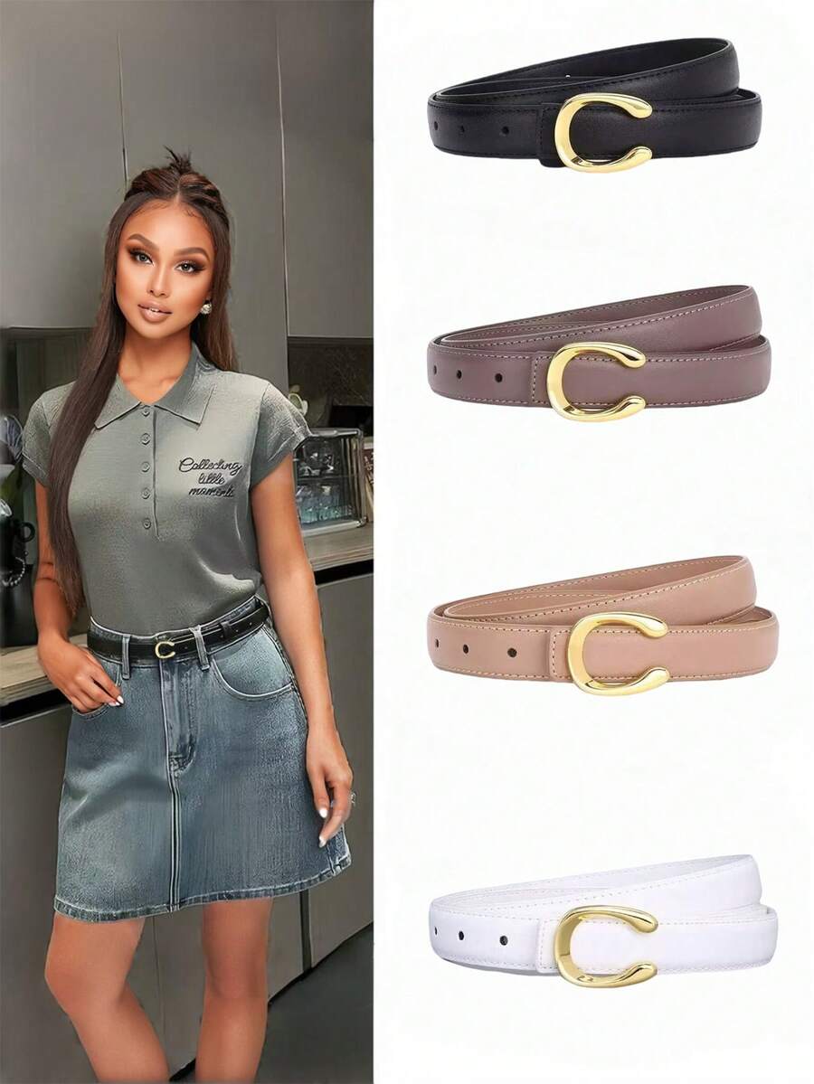 2026新款时尚设计女士真皮腰带，百搭牛仔裤腰带，简约黑色休闲裤腰带 - 彩色 - 查看 1
