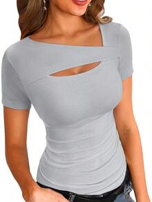Womens Fashion Fall Cutout Long Sleeve Ribbed Slim Fitted Tops Shirts Tee Tshirts - Short-grey - View 1