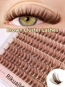 Rikuaild 128pcs Brown Fluffy False Eyelashes, D Curl Lifting, DIY Eyelashes, Faux Mink Lashes, Segmented Extension Lashes, Natural Fluffy Effect, Makeup Tools, Eyelash Clusters, Individual Lashes, False Eyelashes - D - View 1