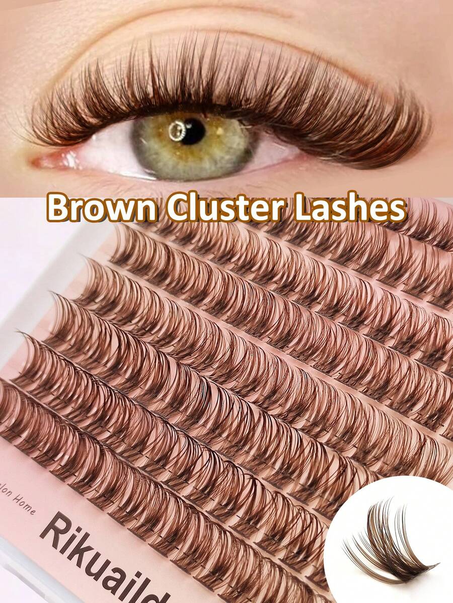 Rikuaild 128pcs Brown Fluffy False Eyelashes, D Curl Lifting, DIY Eyelashes, Faux Mink Lashes, Segmented Extension Lashes, Natural Fluffy Effect, Makeup Tools, Eyelash Clusters, Individual Lashes, False Eyelashes - D - View 1