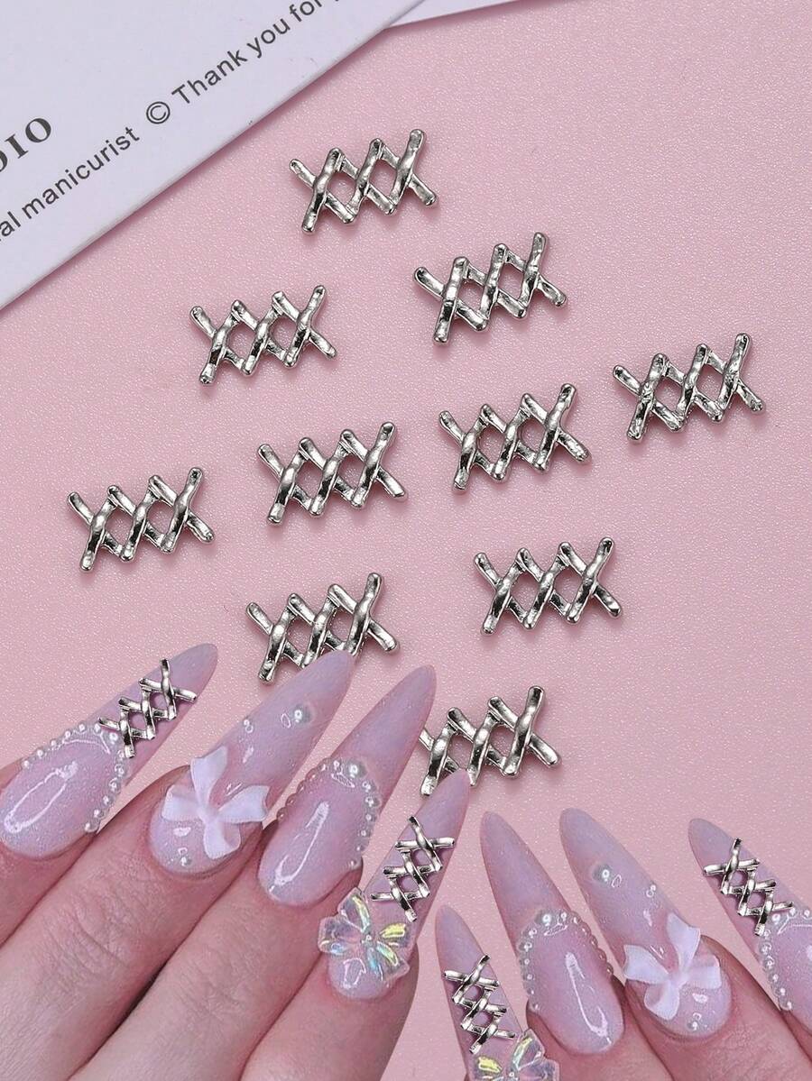 10 buc pandantive pentru unghii din aliaj încrucișat, ornamente pentru unghii DIY, pietre prețioase pentru unghii, accesorii pentru unghii în stil punk, pandantive argintii pentru unghii - Argint - Vizualizare 1