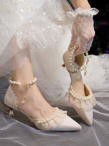 女士珍珠装饰尖头细高跟鞋，百搭时尚新娘凉鞋