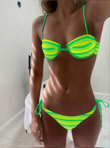 2 Stücke sexy gestreiftes Bikini-Set mit Stoffträgern, Damenbadeanzug für Strand oder Pool